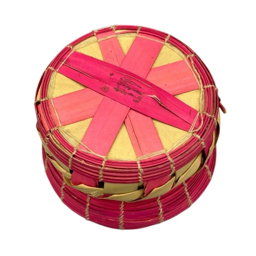 Handwoven Mini Lidded Basket Pink Natural Fiber Boho Storage Trinket